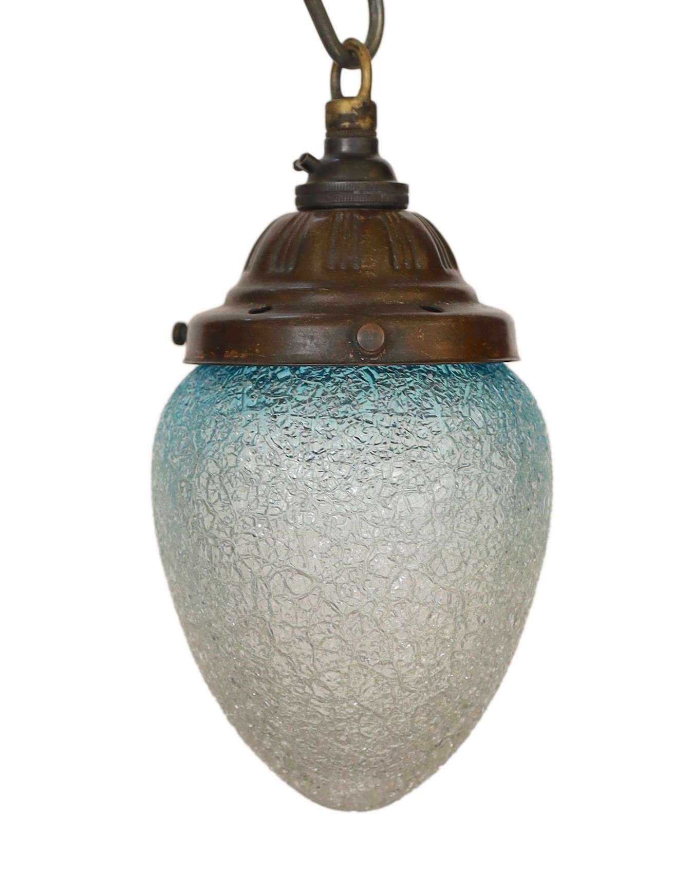 A 1920's English bronzed metal light pendant with blue tinted frosted glass shade, height 22cm